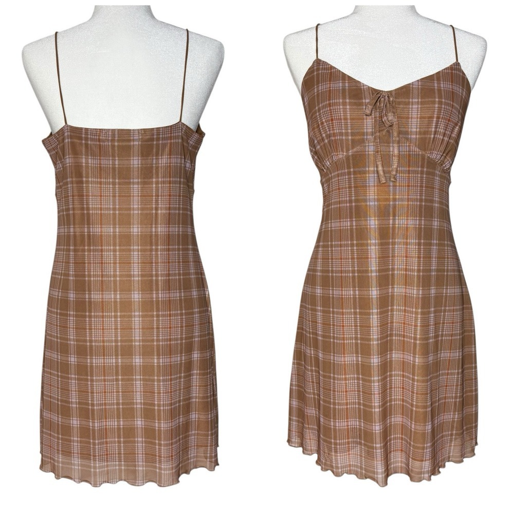Y2K Babydoll‎ Slip Dress Large No Comment Plaid Bow Lined Stretch Twee Academia
